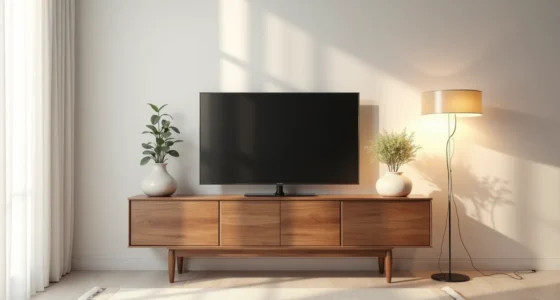 Walnut console with angled tapered legs holds a flat-screen TV, potted plant, and ceramic vessel on its top surface.
