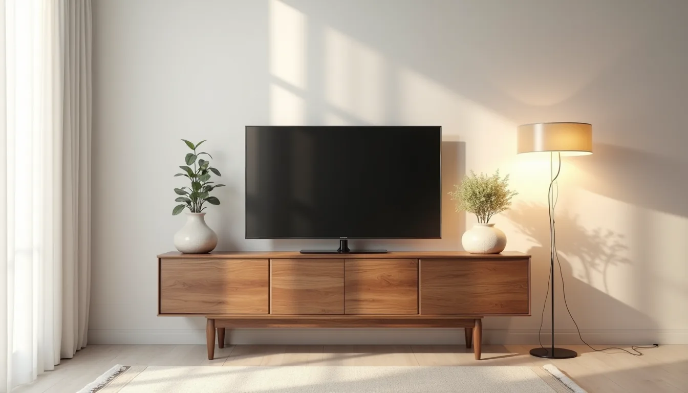 Walnut console with angled tapered legs holds a flat-screen TV, potted plant, and ceramic vessel on its top surface.