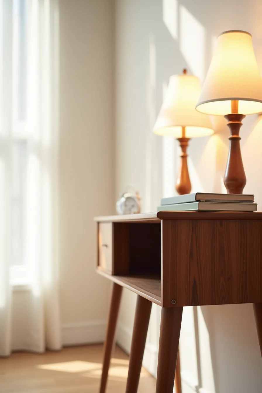 Close-up of walnut console corner displaying tapered legs with visible wood grain and joinery detail.