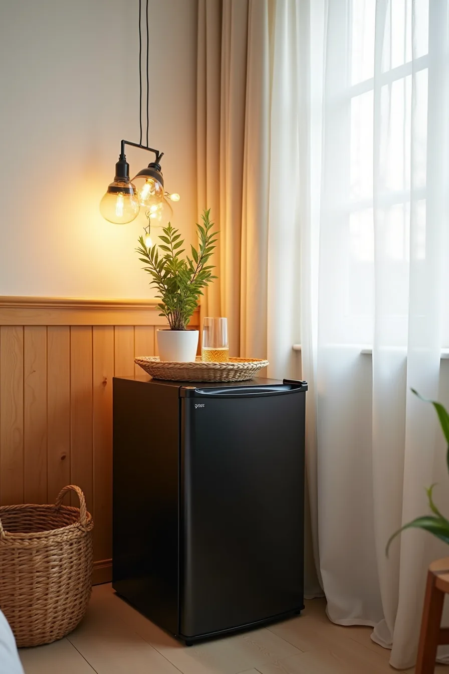 Black mini fridge styled with woven tray, potted plant, string lights, woven basket, and wooden stool on wood paneling.