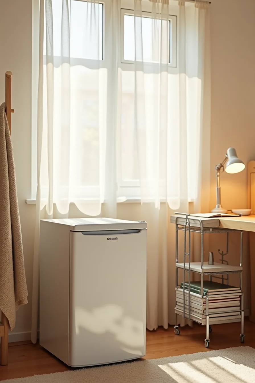 White mini fridge draped with woven throw blanket next to wire shelving holding textbooks and desk organizer.