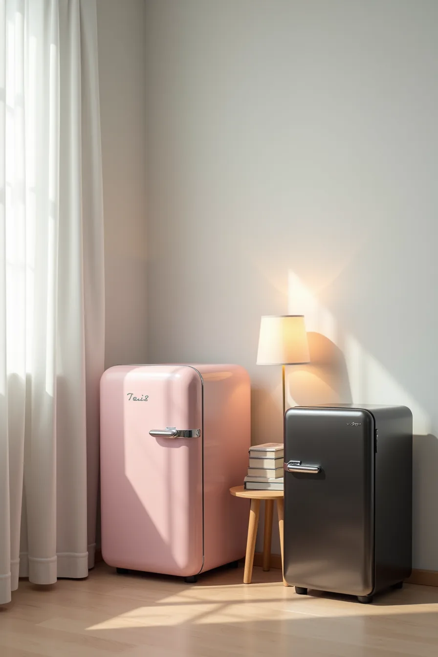 Pastel pink retro and black stainless-steel mini fridges flank a wooden nightstand with small lamp between them.