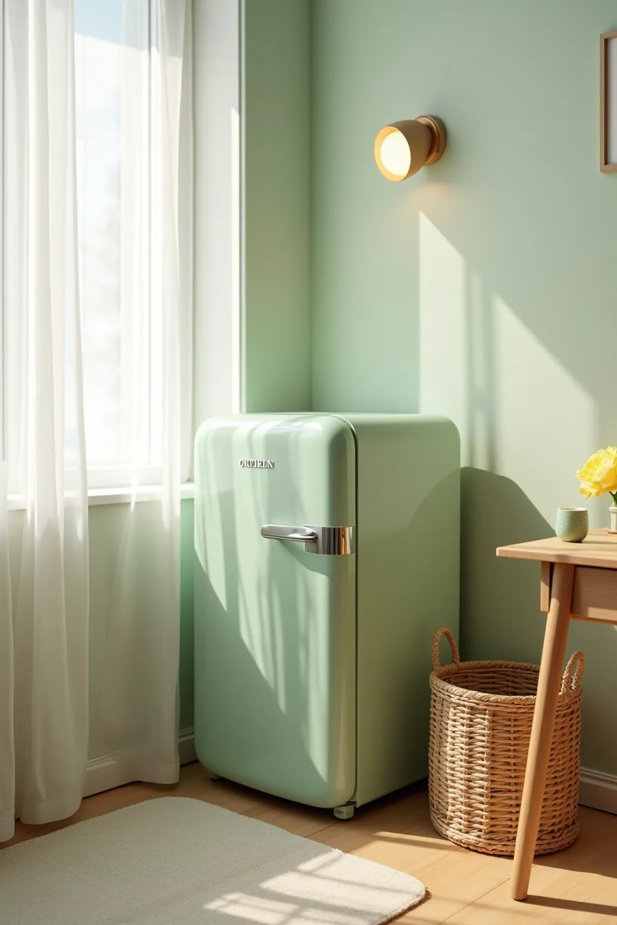 Sage green mini fridge in matching painted corner with woven rattan basket and minimal wood furniture nearby.