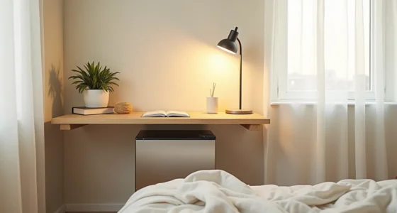 Stainless-steel mini fridge tucked under a floating wooden desk with lamp, succulent, and notebook on top.