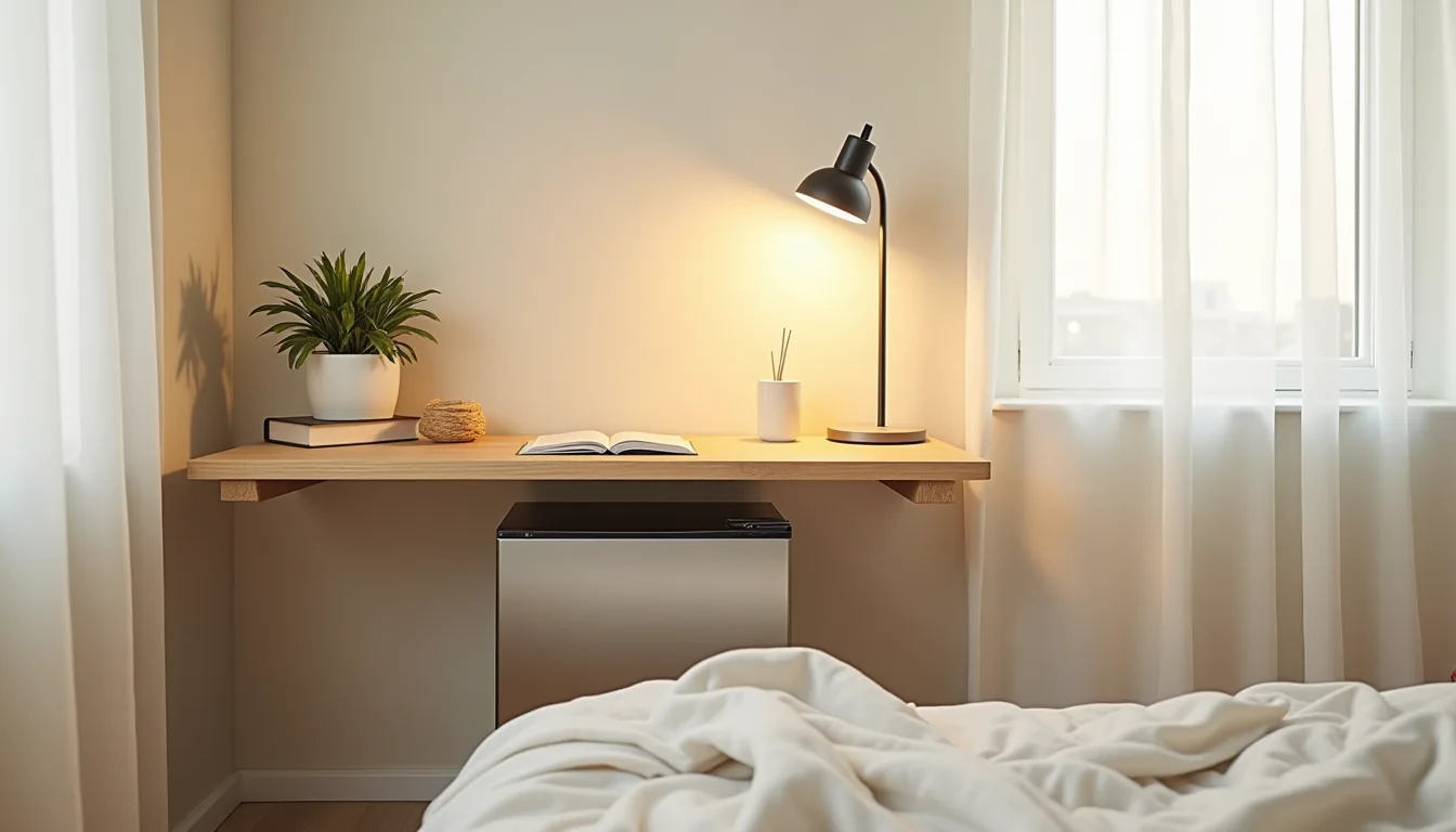 Stainless-steel mini fridge tucked under a floating wooden desk with lamp, succulent, and notebook on top.