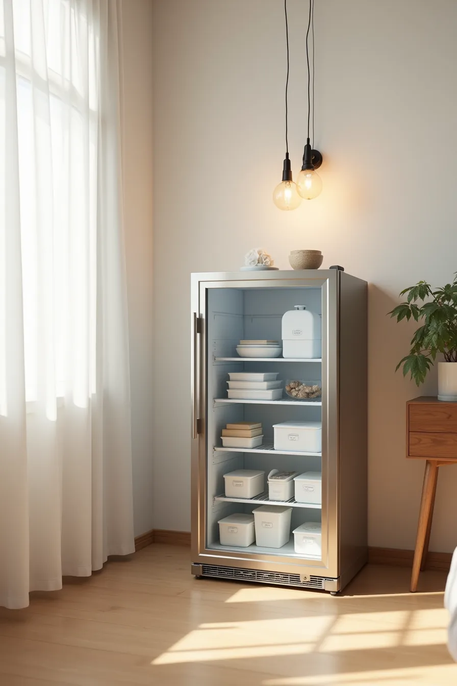 Stainless-steel mini fridge with visible ventilation space and glass door revealing labeled containers and organized shelves