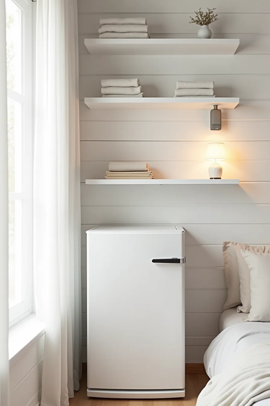 White mini fridge centered between white floating shelves displaying folded linens and a ceramic vase on shiplap wall.
