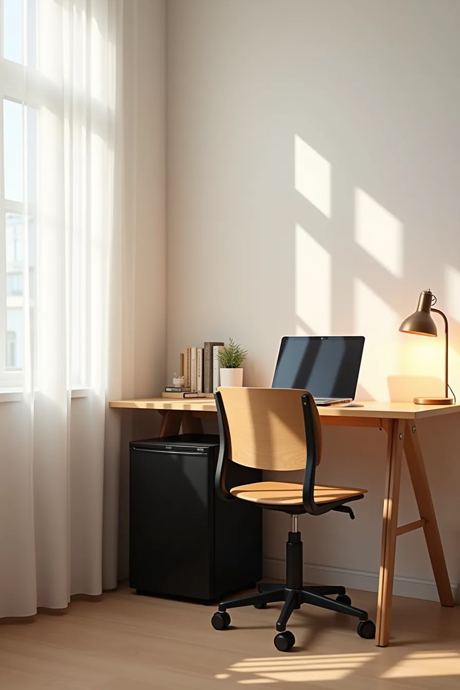 Black mini fridge positioned under a wooden desk with a rolling chair and laptop visible above.