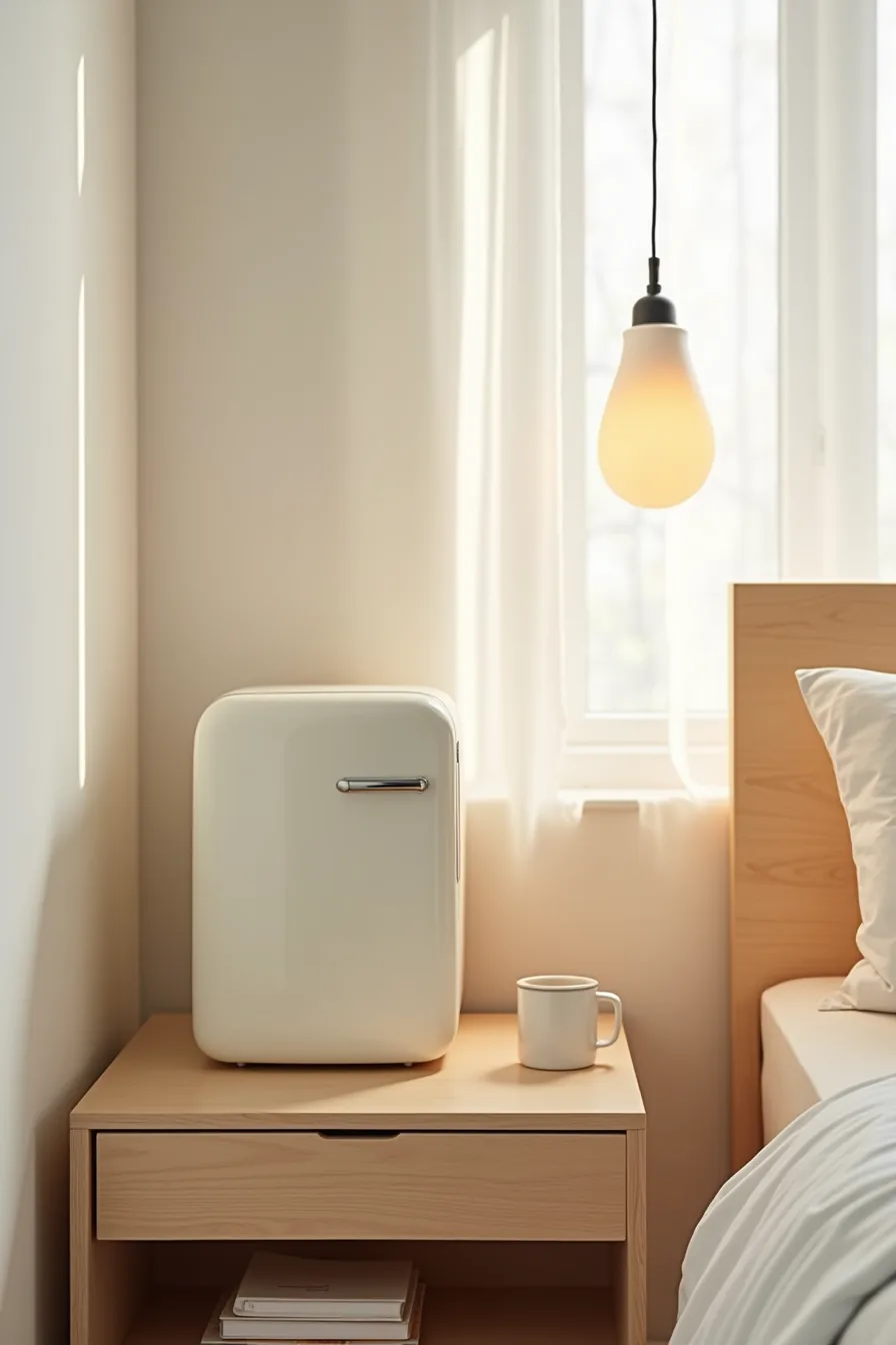 Cream mini fridge next to a platform bed topped with a ceramic mug and phone charger, nightstand drawer nearby.