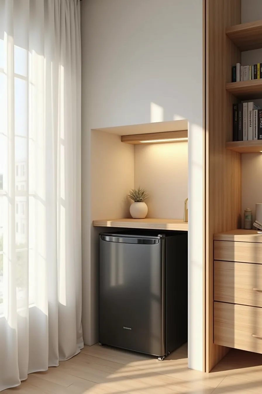 Matte black mini fridge built into a recessed wall alcove with wooden trim framing the edges.