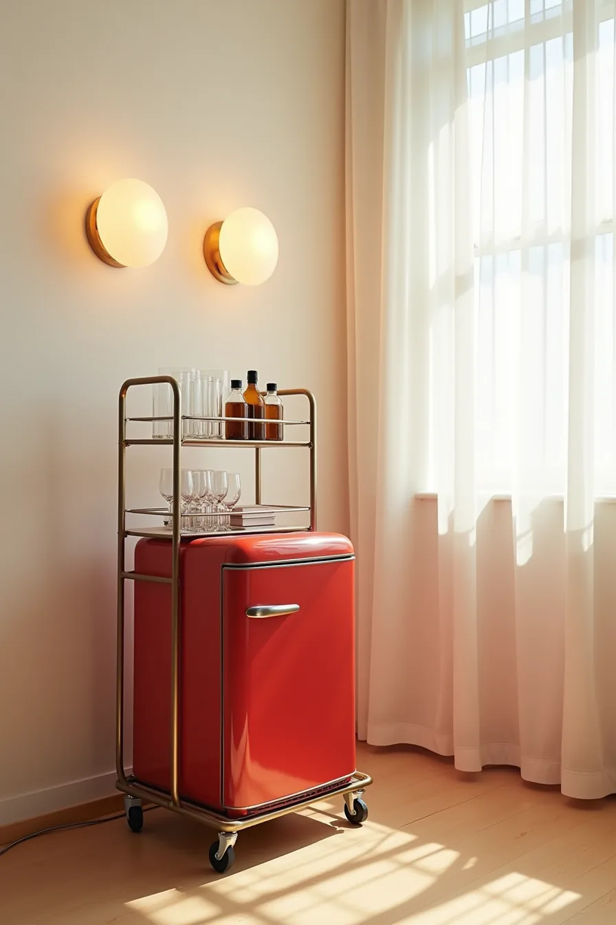 Red mini fridge on a wheeled three-tier metal beverage cart topped with drinking glasses and lower shelves holding bottles.