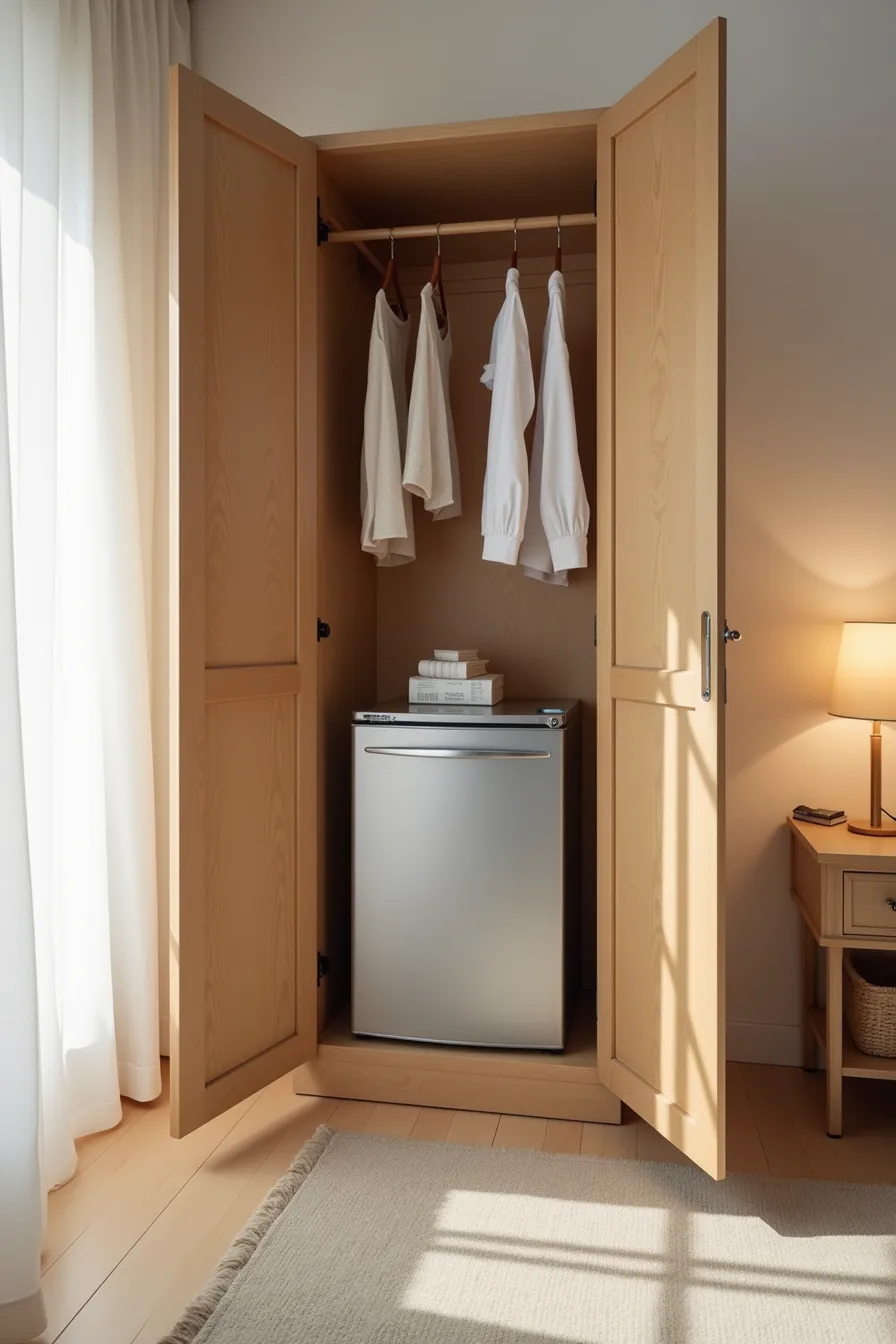 Silver mini fridge nestled inside an open wooden wardrobe with clothing rails and hanging garments surrounding it.