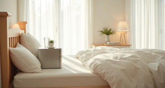 Stainless-steel mini fridge beside a wooden bed frame with a potted plant and water glass on top.