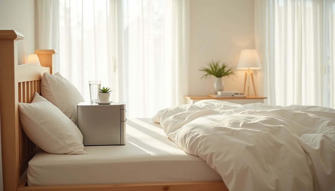 Stainless-steel mini fridge beside a wooden bed frame with a potted plant and water glass on top.