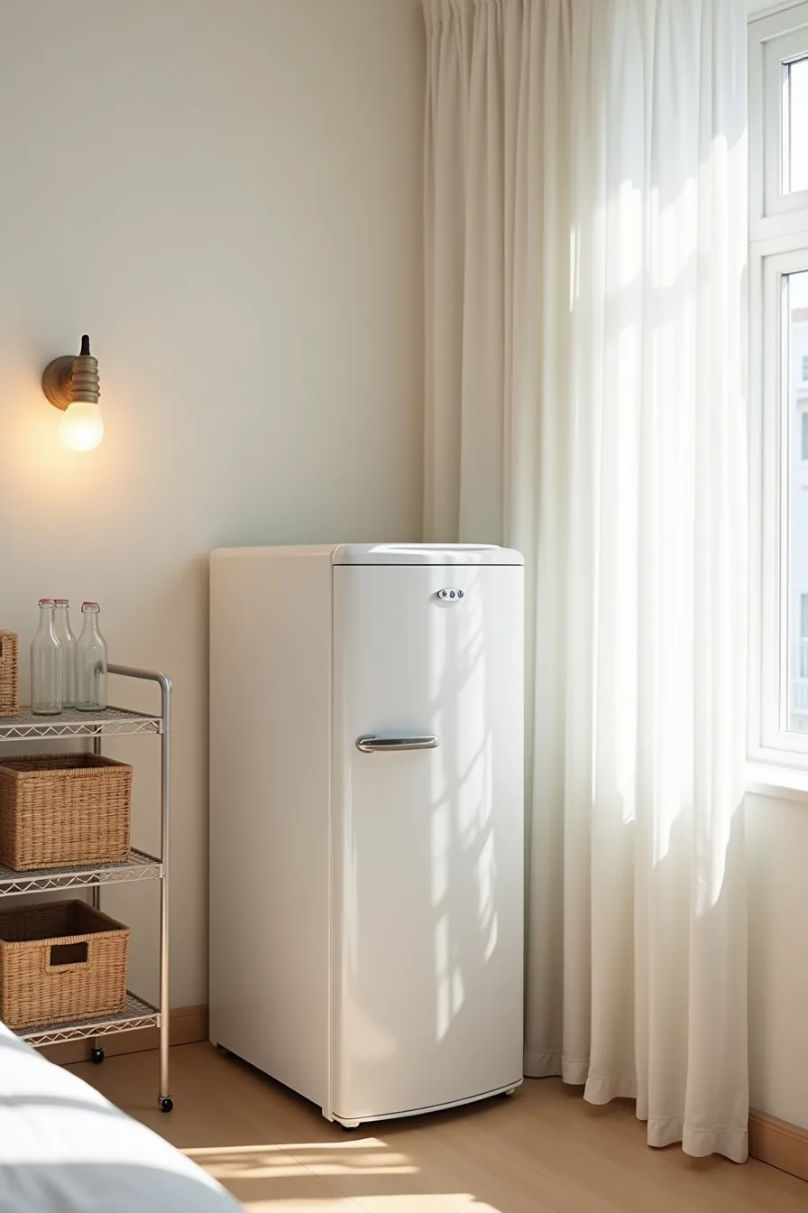 White mini fridge next to a wire shelving unit filled with woven baskets and glass bottles in a corner.