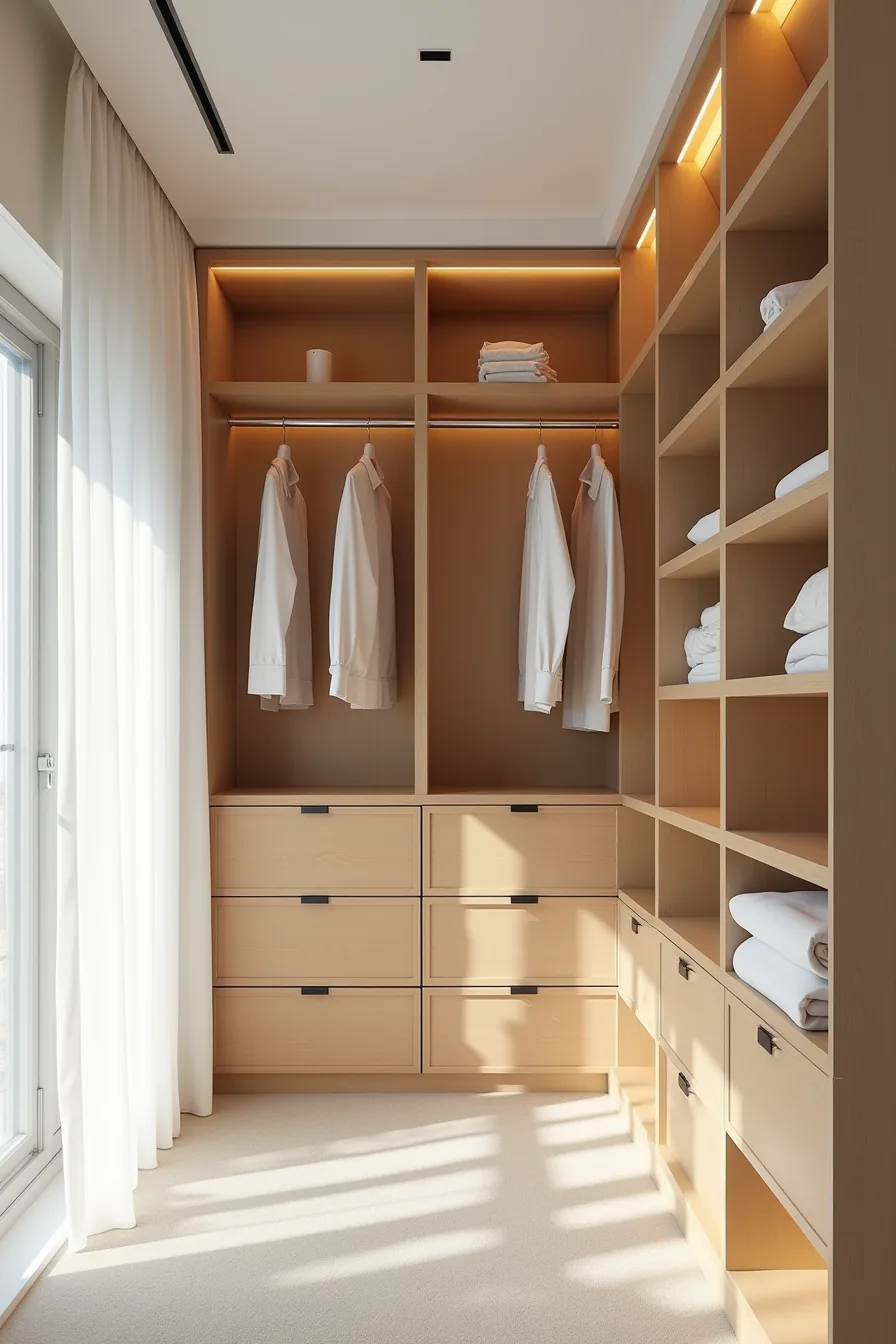 Built-in closet system with wooden shelves, metal dividers, hanging rod, and integrated top lighting.