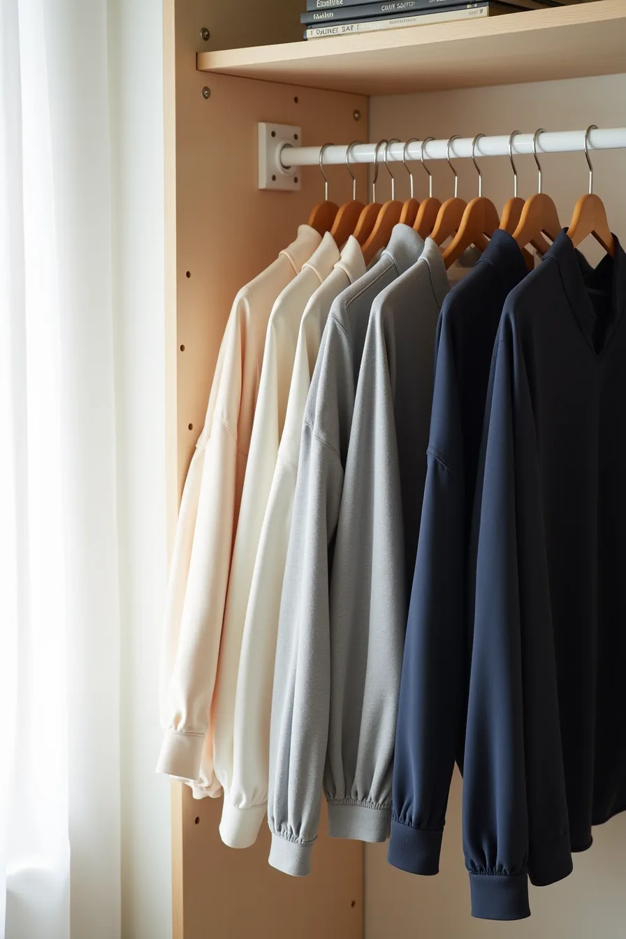 Garments organized by color gradient from light to dark on a closet rod with matching wooden hangers.
