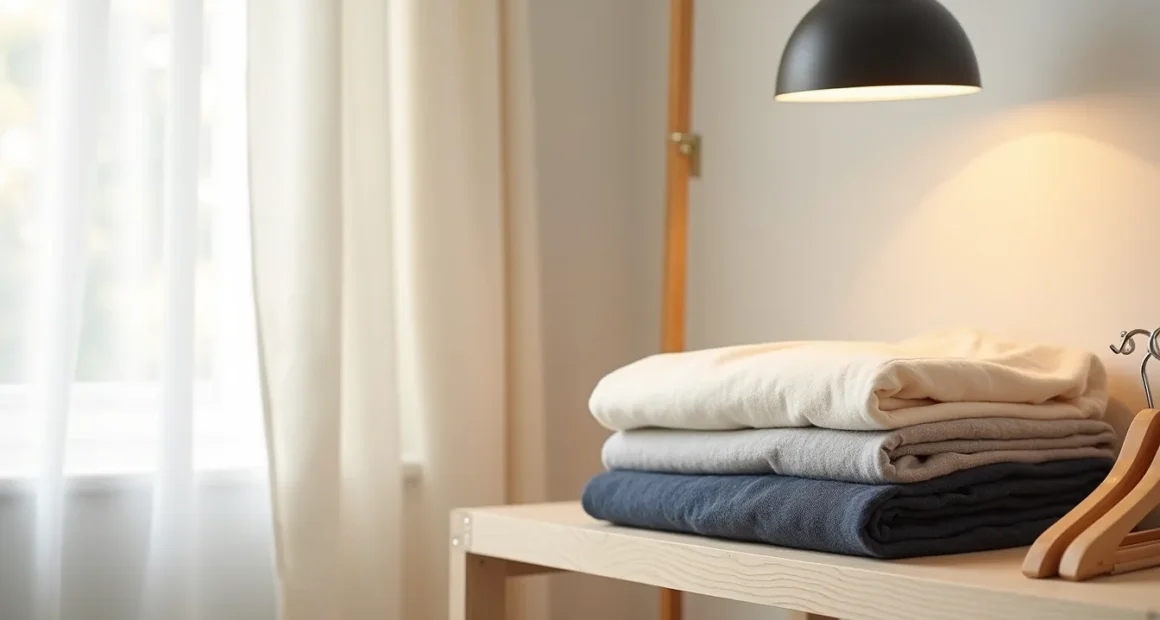 Folded neutral clothing stacked on a wooden shelf with an empty wooden hanger beside it.
