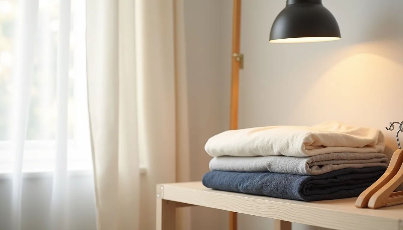 Folded neutral clothing stacked on a wooden shelf with an empty wooden hanger beside it.