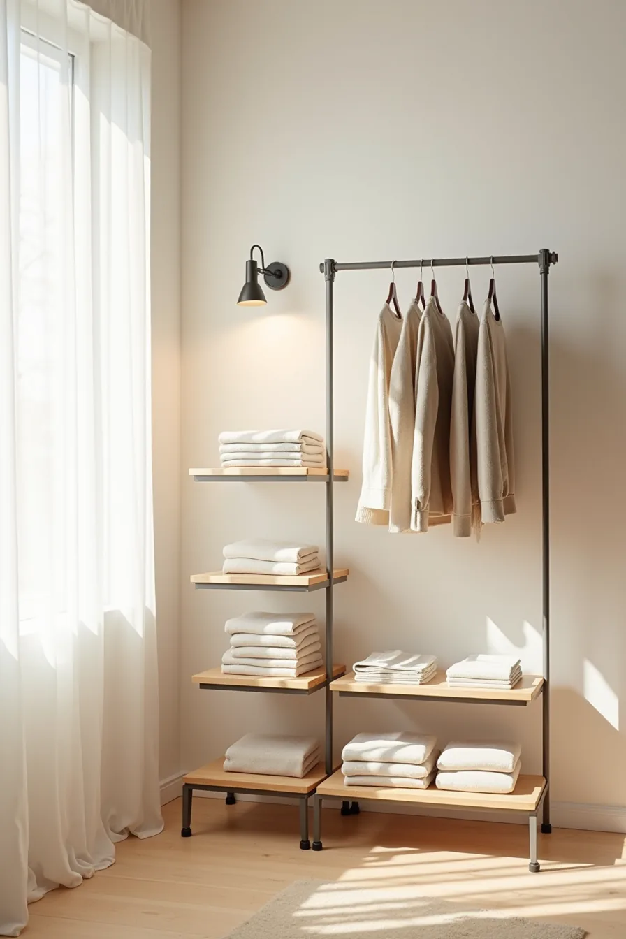 Freestanding metal rack with four shelves holding folded items below and hanging garments on top rod.