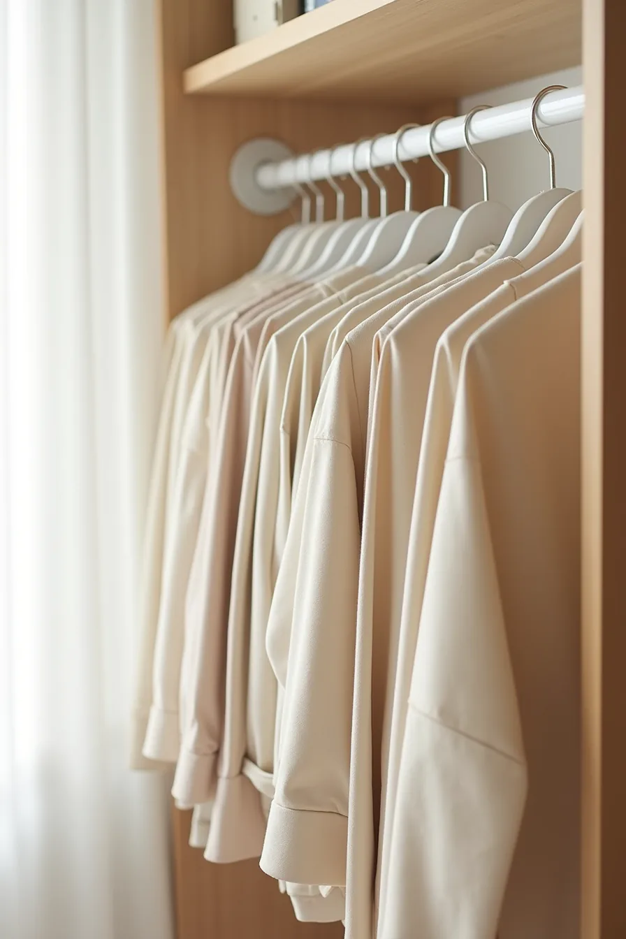 Twenty matching white hangers on a closet rod, each holding one neutral-colored garment with space between items.