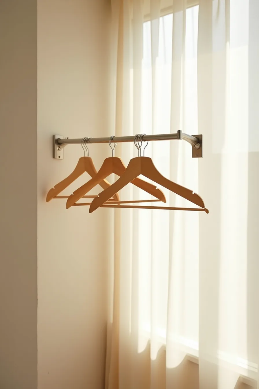 Tension rod mounted between walls with five slim hangers and visible bracket hardware at shoulder height.