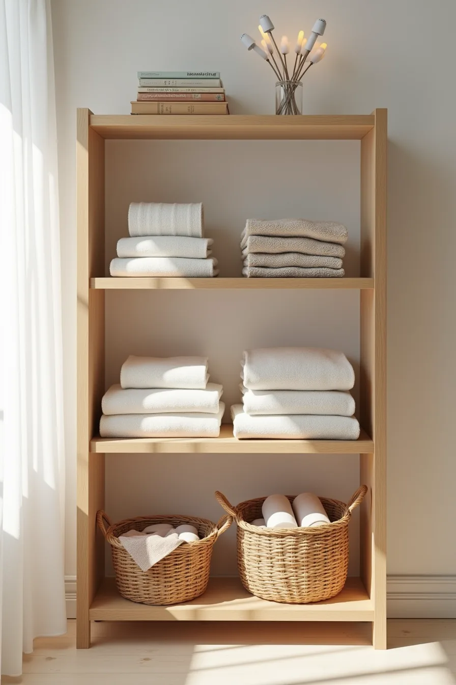 Three wooden shelves displaying folded sweaters, stacked trousers, and two woven baskets with rolled items on the bottom.