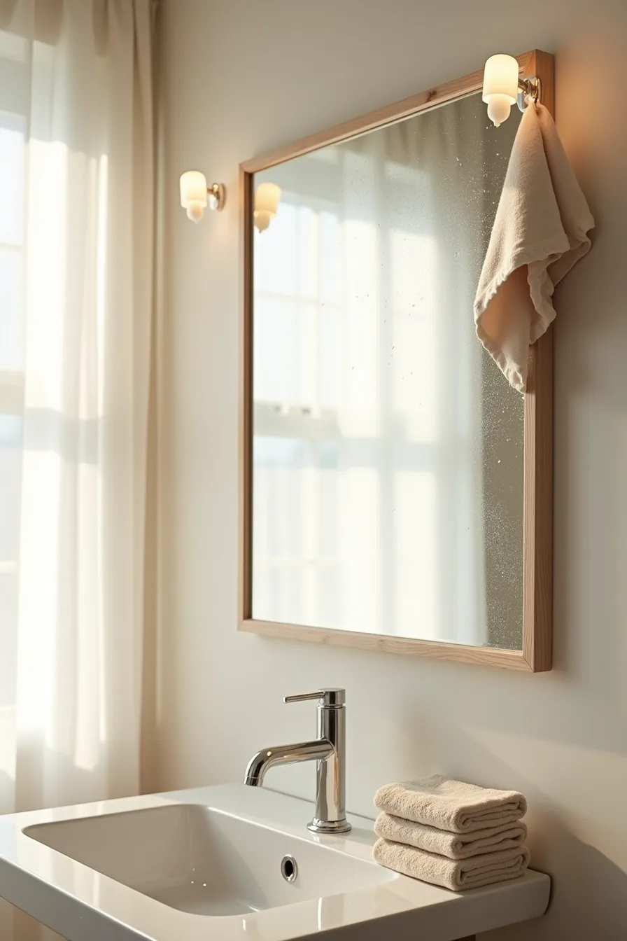 A bathroom mirror above a sink displays water droplets and condensation, with a cleaning cloth draped over the frame edge