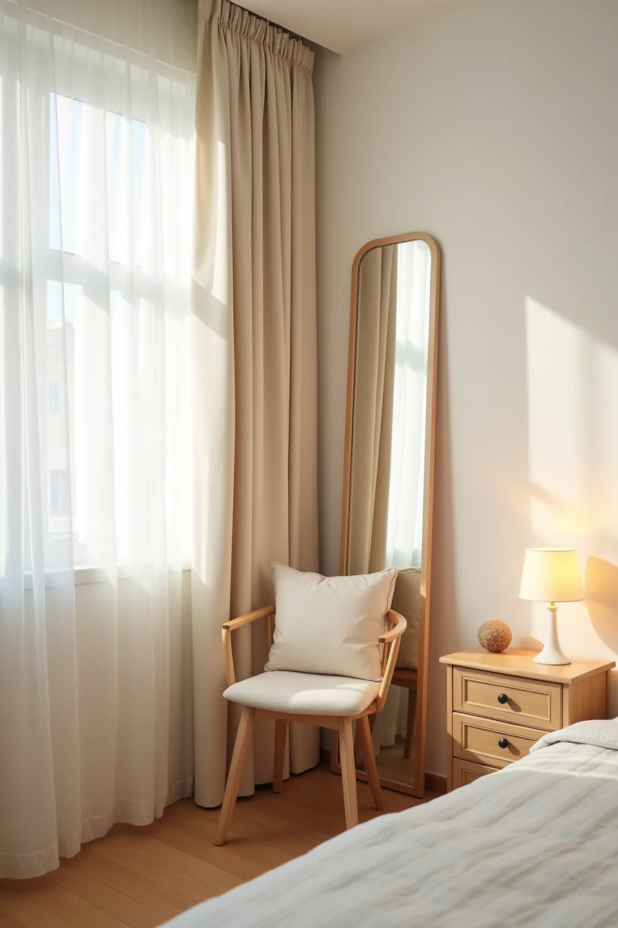 A tall narrow mirror stands in a bedroom corner between two walls, with a chair and small dresser visible in the compact