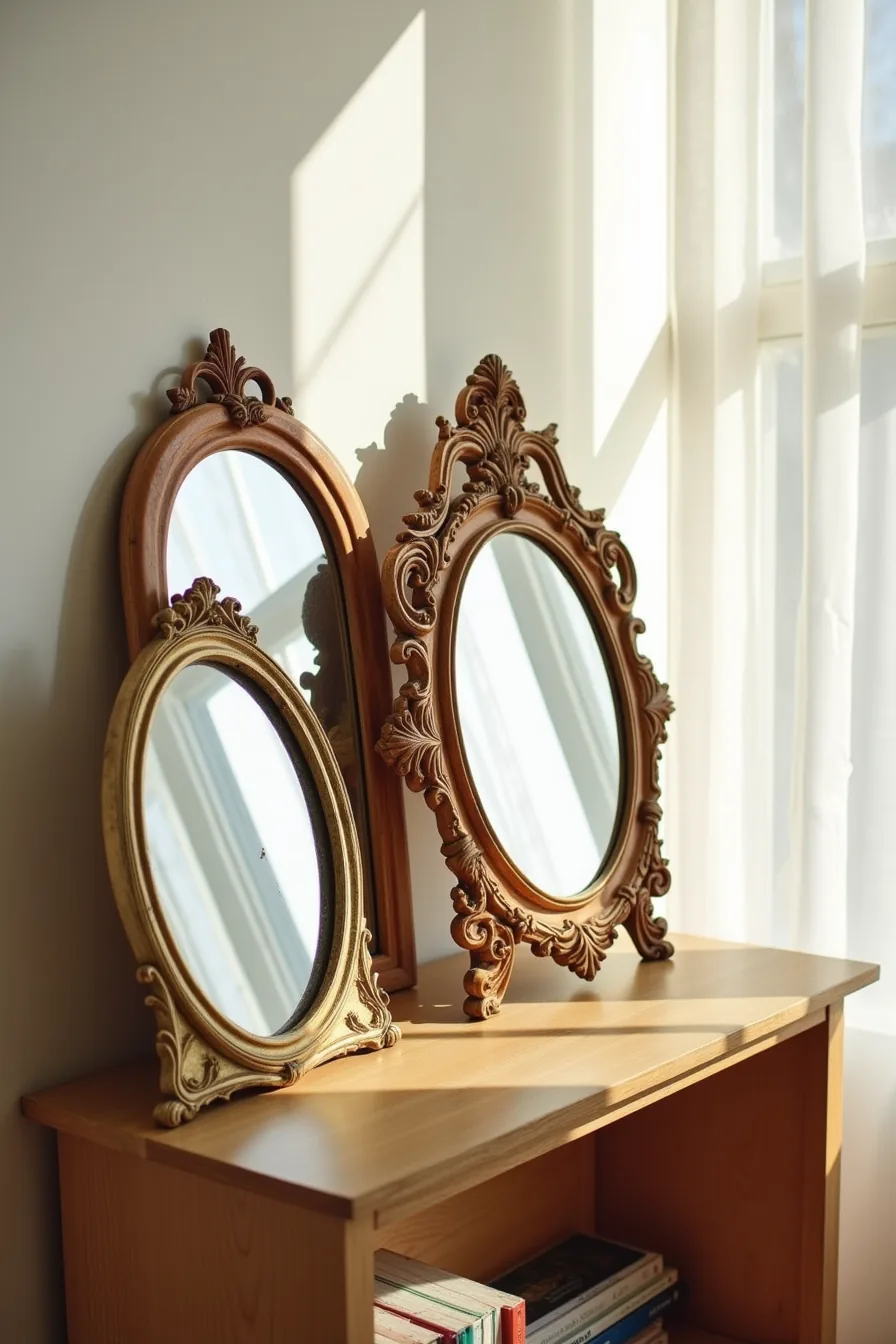 Three antique mirrors on a wooden shelf—gilded wood, carved mahogany, and ornate brass—each showing different finishes and