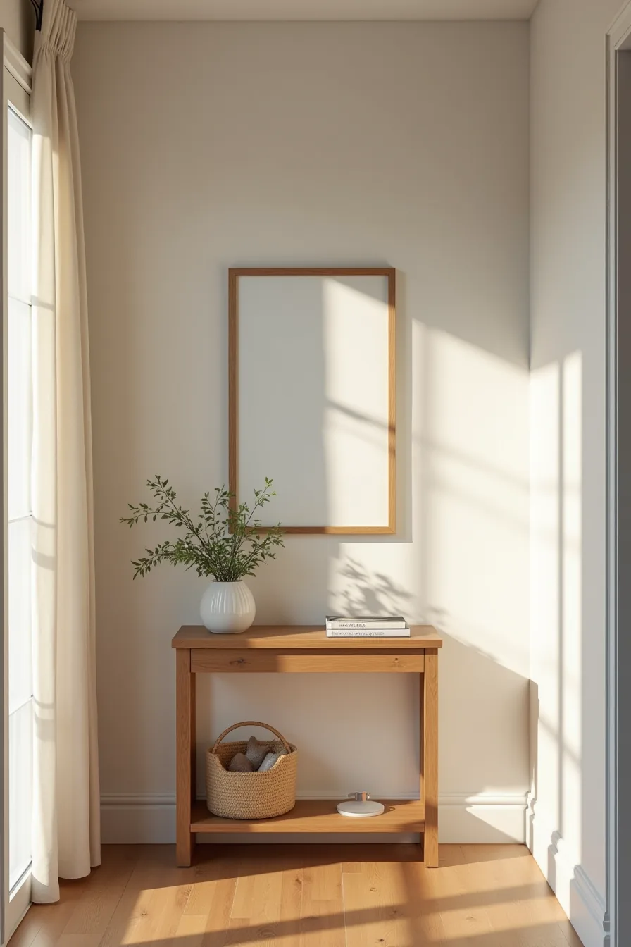 Compact framed mirror hung above a console table in a narrow entryway with a potted plant and minimal accessories.