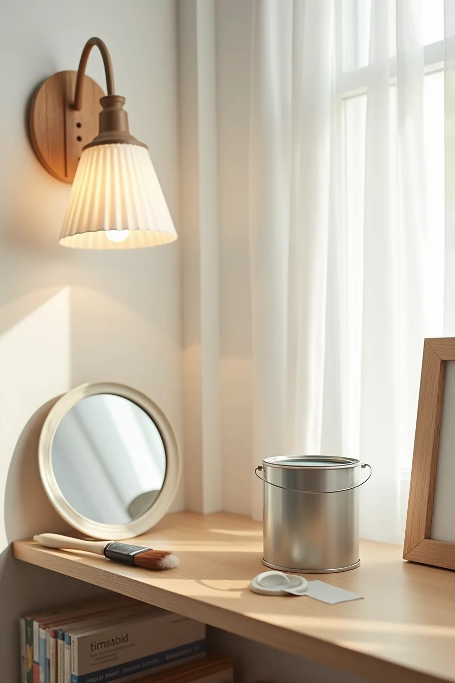 Round mirror with painter's tape and metallic paint can on a bathroom shelf, with a finished sample frame showing the