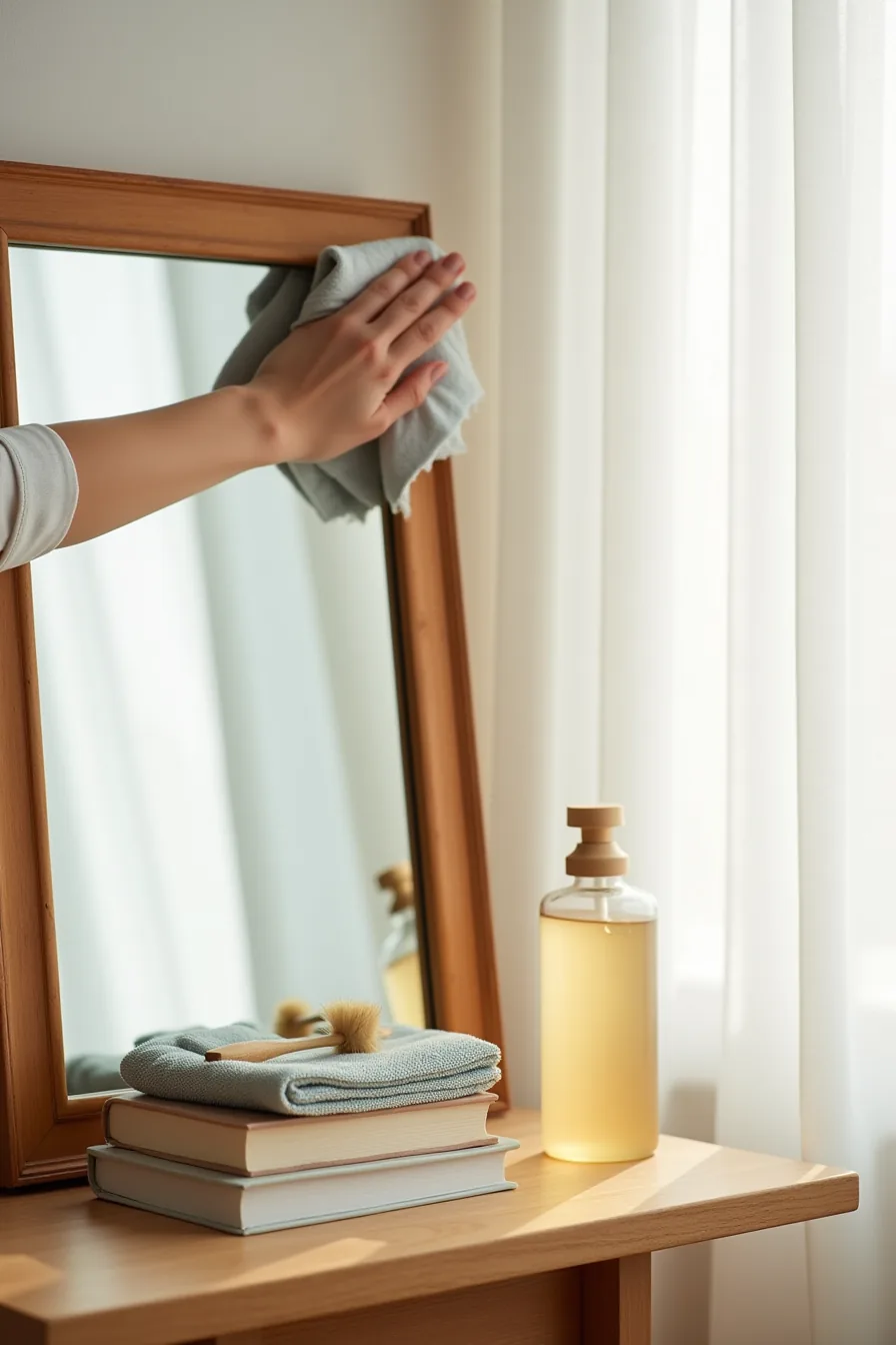 Wooden-framed mirror being cleaned with a microfiber cloth, glass cleaner, and detail brush visible on the frame.
