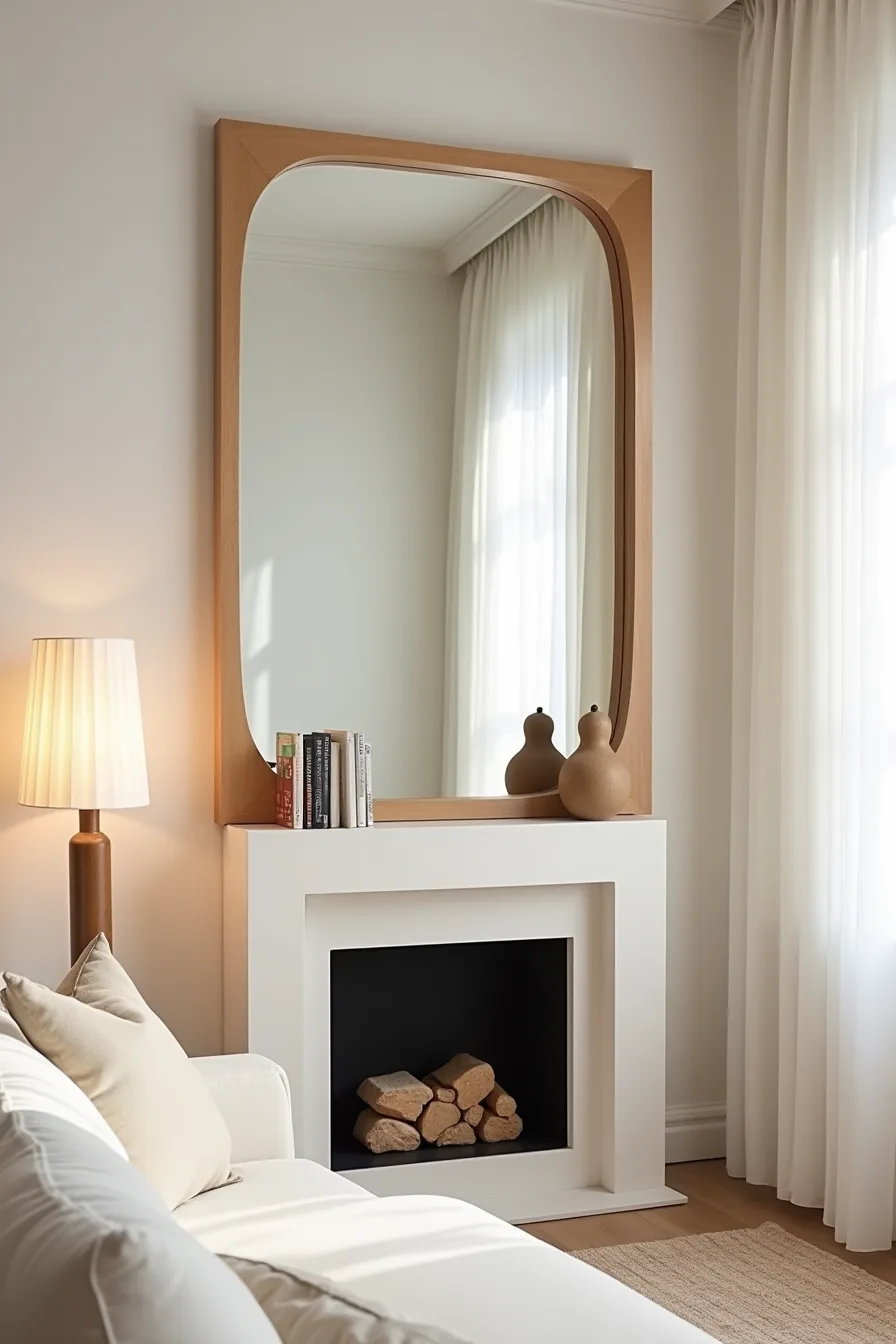 Large statement mirror in a sculptural wooden frame above a fireplace mantel with decorative objects and sofa in view.