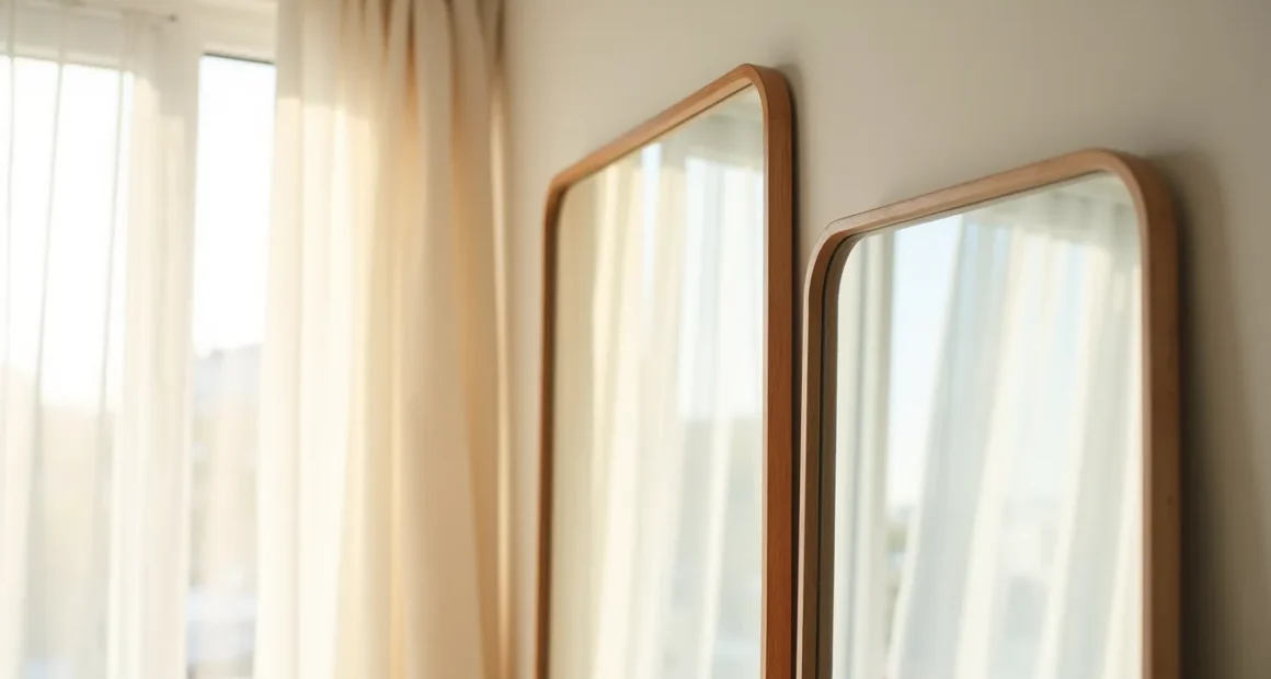 Two mirror frames side by side—natural wood with visible grain on the left, brushed metal with clean lines on the right.