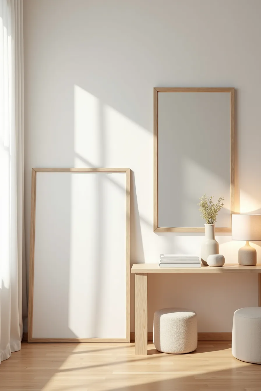 Two framed mirrors displayed in different styles: one leaning against a hardwood wall on the left, another mounted above a