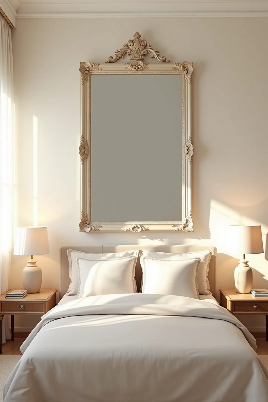 An oversized ornate-framed mirror hangs centered above an upholstered headboard with matching nightstands on either side and