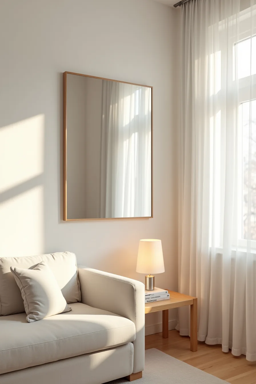 A rectangular mirror mounted on a living room wall opposite a window reflects natural light, with a sofa arm and side table
