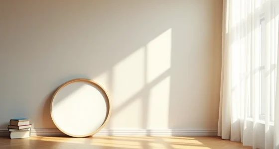 Sunlight from a tall window illuminates a large round mirror leaning against a wall, creating a bright circular reflection
