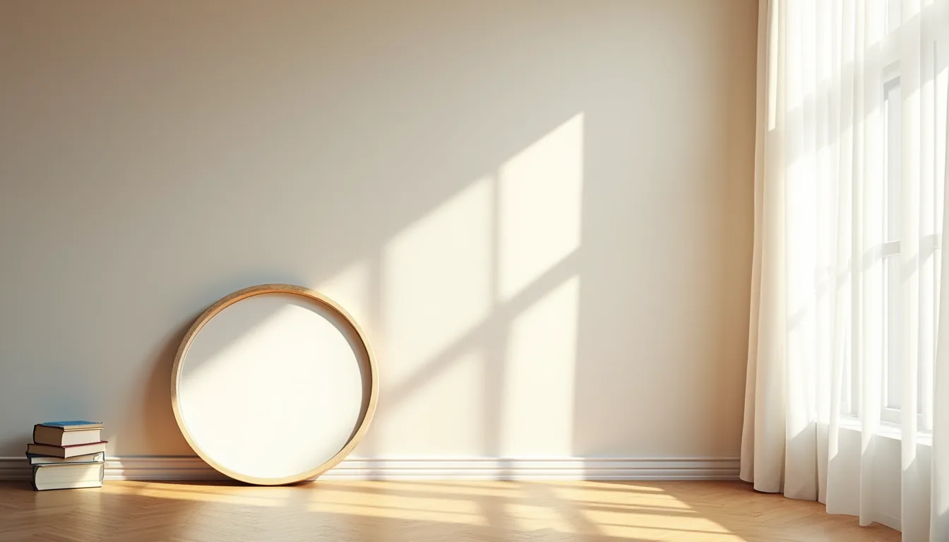 Sunlight from a tall window illuminates a large round mirror leaning against a wall, creating a bright circular reflection