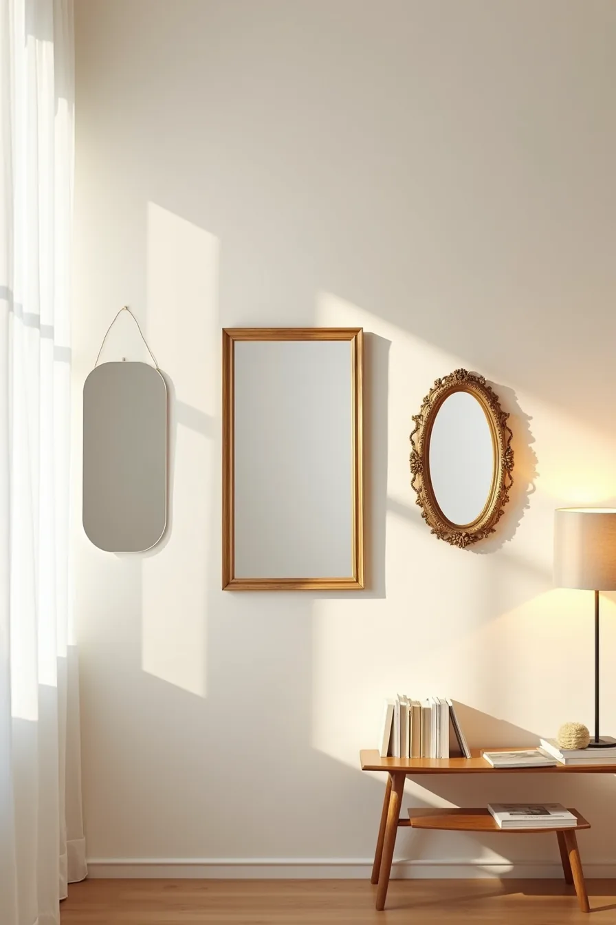 Three mirrors hang side by side on a neutral wall: a frameless adhesive mirror, a wooden-framed mirror, and a gilded-frame