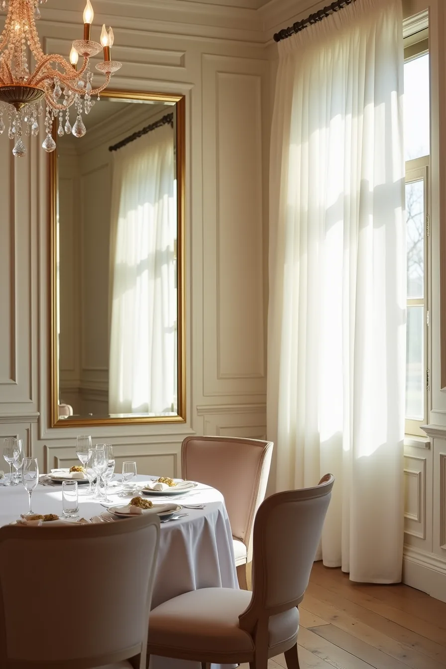 A large beveled mirror panel behind an upholstered dining chair reflects a chandelier and formal table settings.