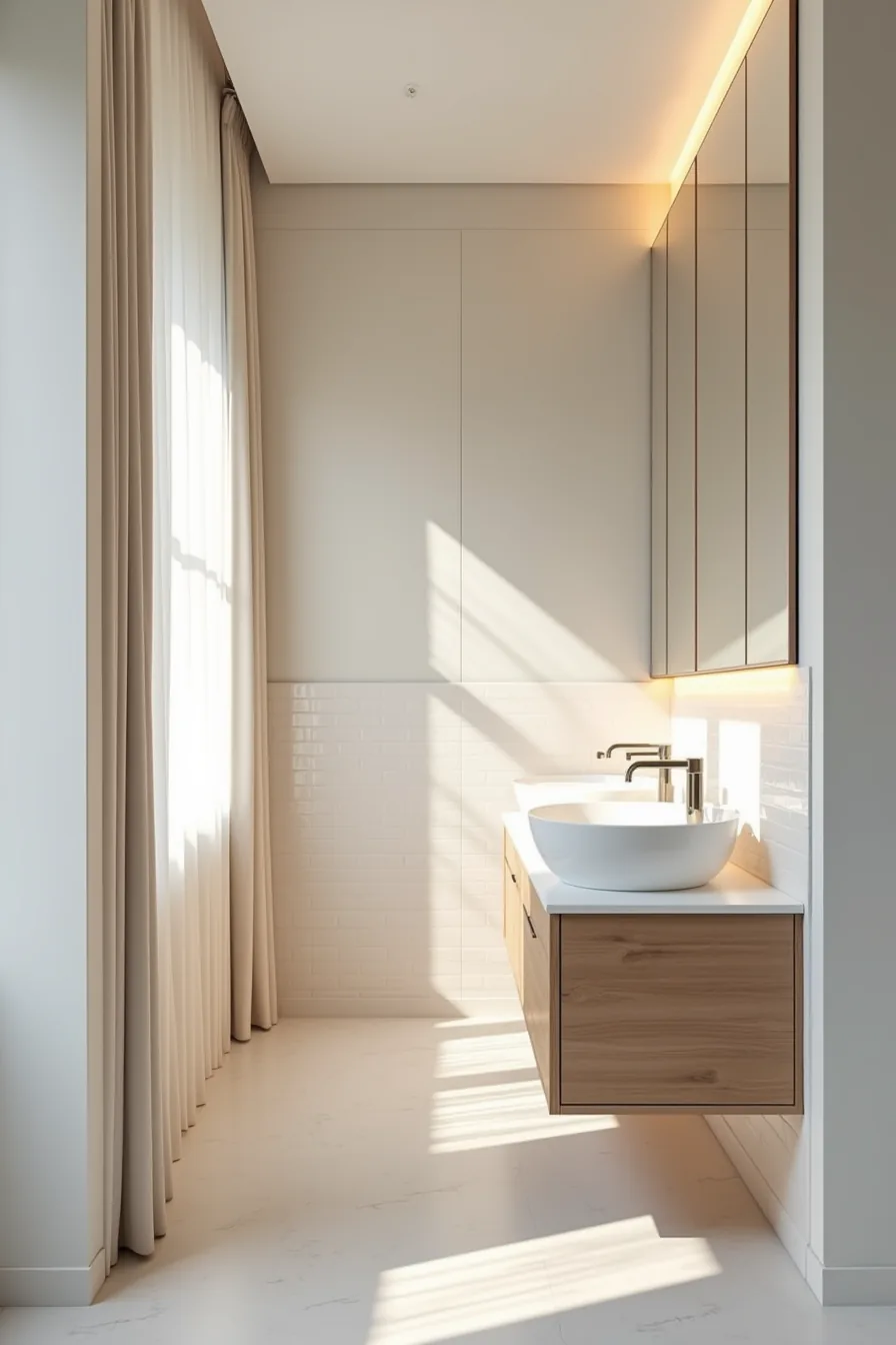 A seamless mirror wall above a floating vanity in a narrow bathroom reflects the opposite subway tile wall.
