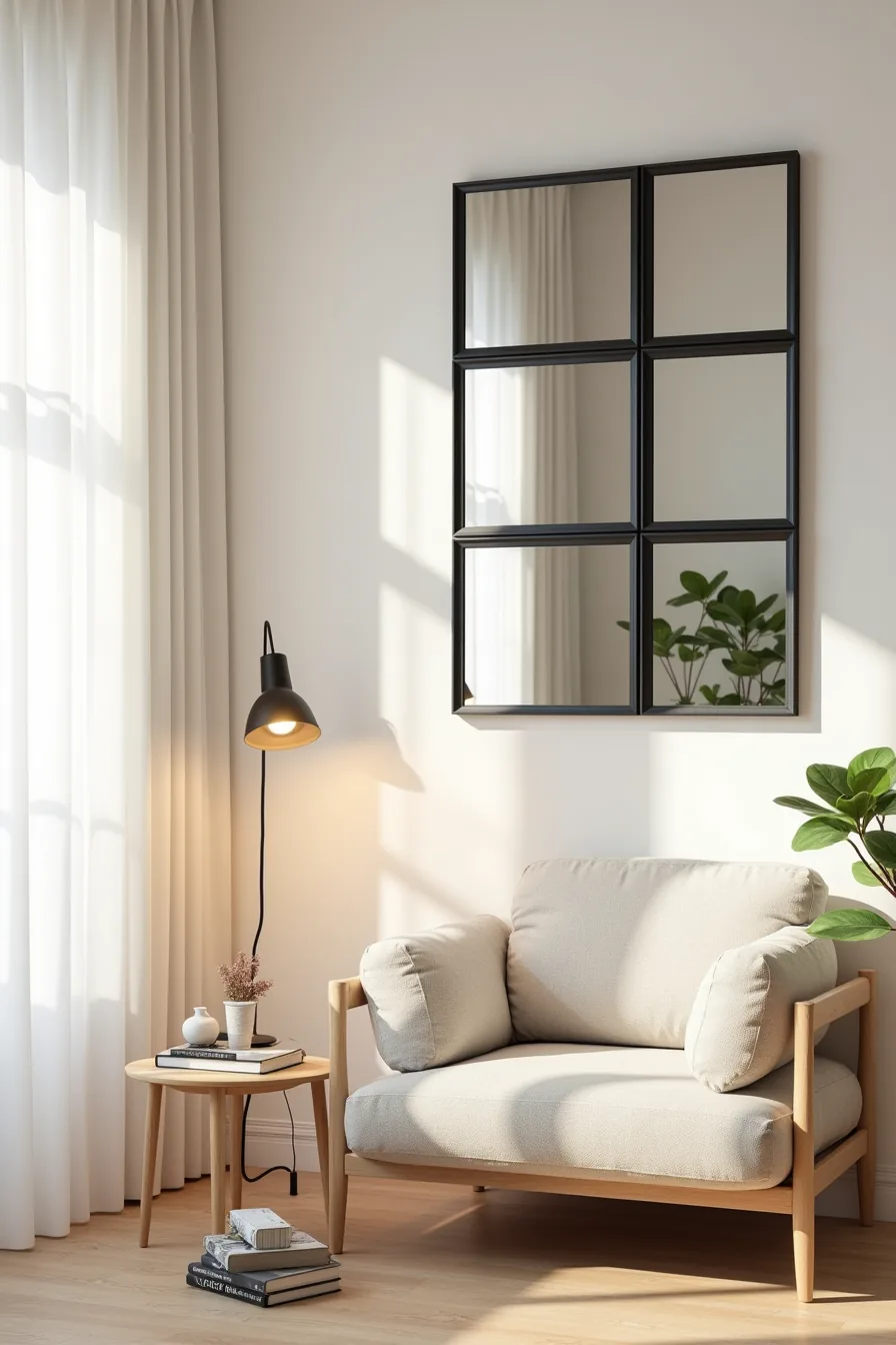 Nine rectangular mirror panels arranged in a 3x3 grid with black metal frames create a living room accent wall.