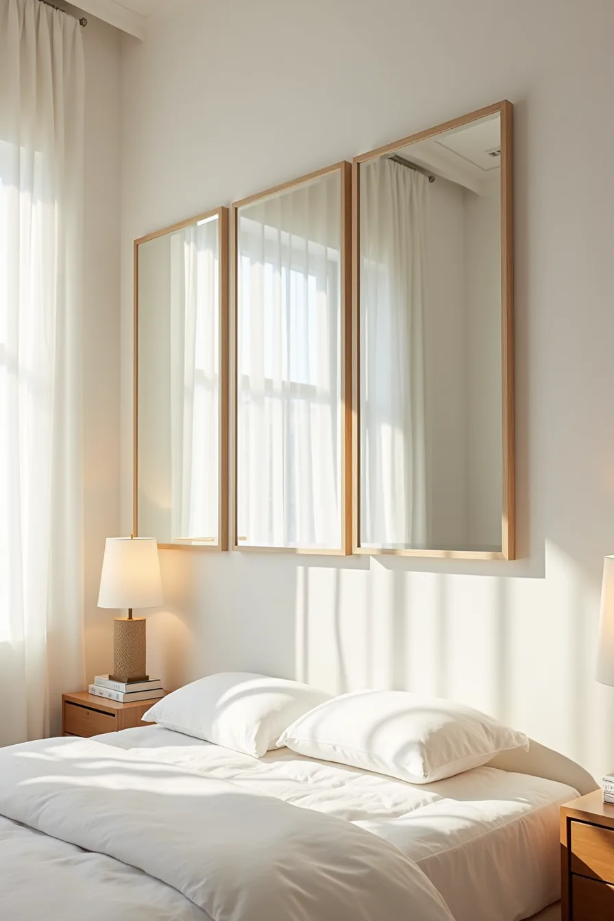 Three mirror installation methods displayed together: adhesive peel panels, bracket-mounted framed panels, and permanent