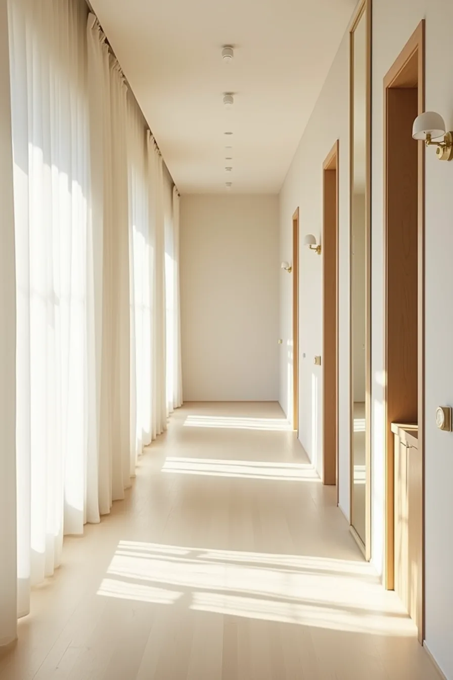 Vertical mirror panels mounted at varying heights along a hallway wall create depth and reflect the opposite corridor.