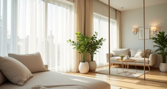 Floor-to-ceiling mirror panels in a studio corner reflect a sofa, green potted plant, and natural window light.