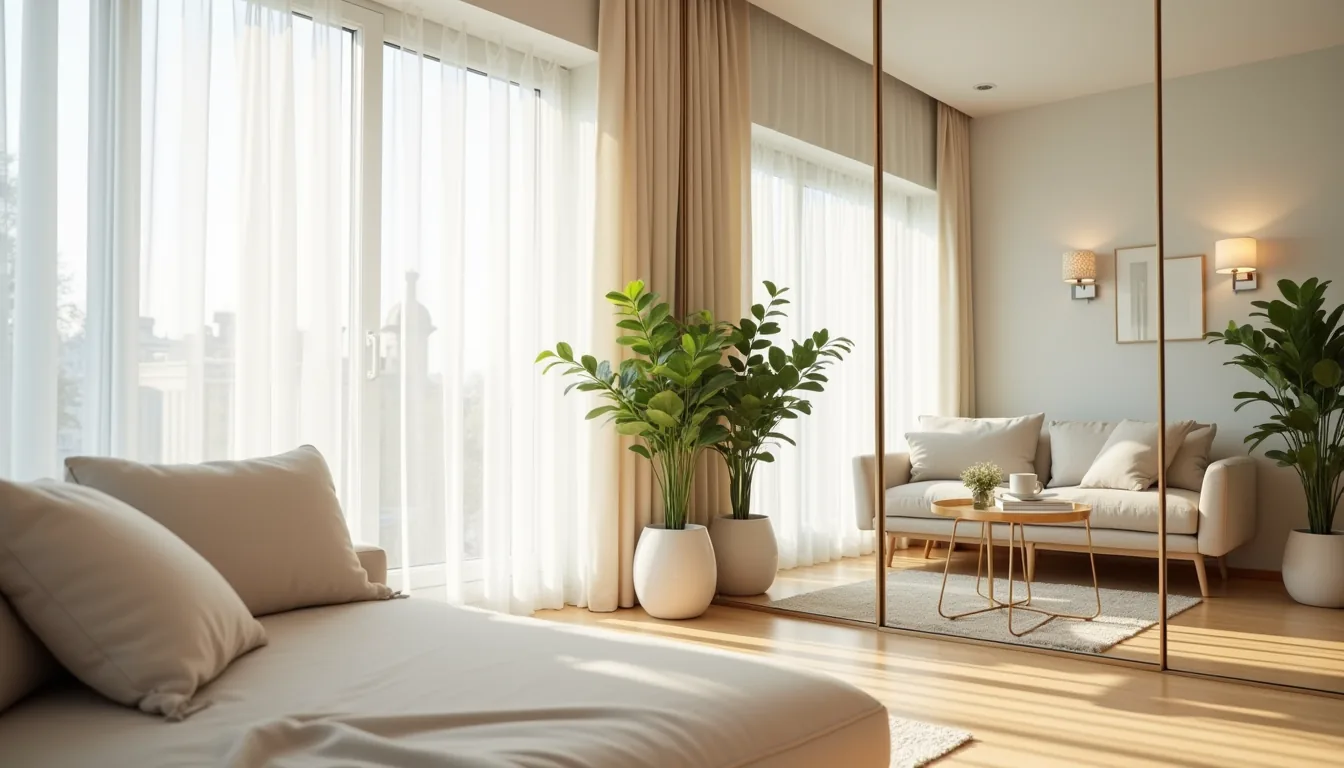 Floor-to-ceiling mirror panels in a studio corner reflect a sofa, green potted plant, and natural window light.