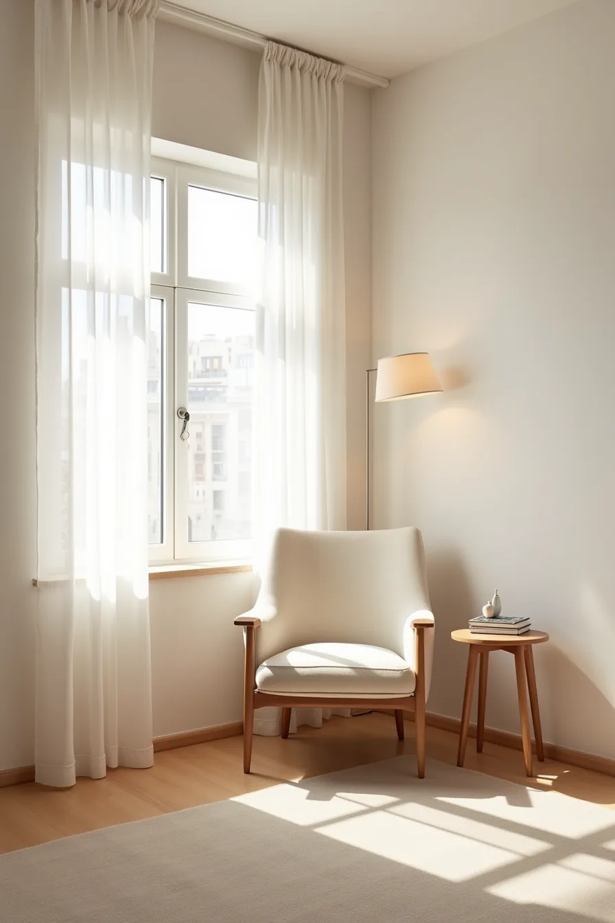 Compact modern armchair tucked into a narrow corner space next to a small side table with open sightlines.