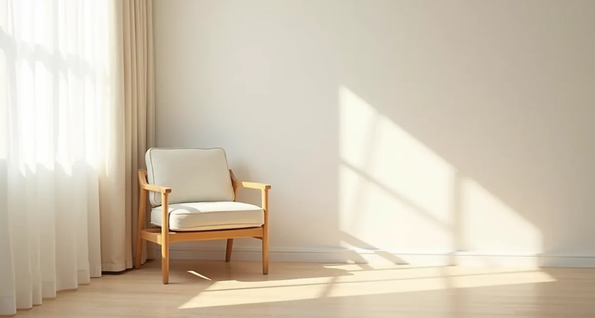 Modern curved armchair angled in a bright corner with its frame shadow sharply defined on the wall.